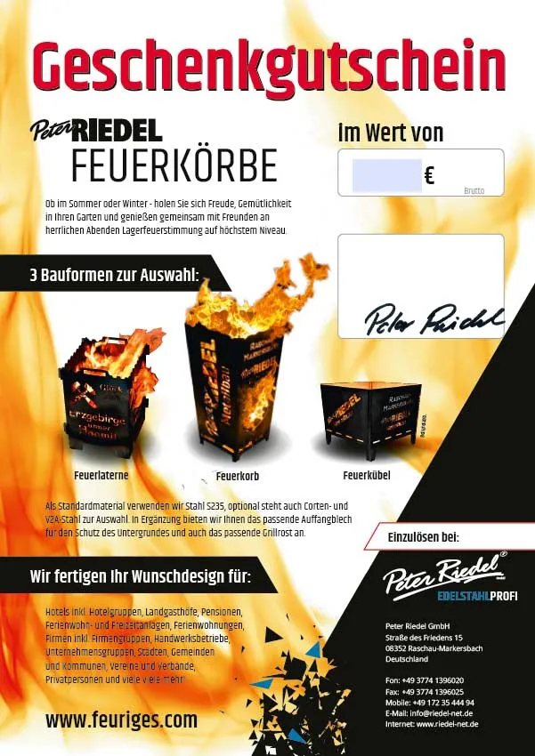 Geschenkgutschein „Feuriges“ mit den drei Bauformen Feuerlaterne, Feuerkorb und Feuerkübel
