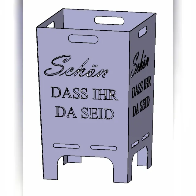 Konstruktionsansicht eines Feuerkübels mit Schriftzug „Schön dass ihr da seid“